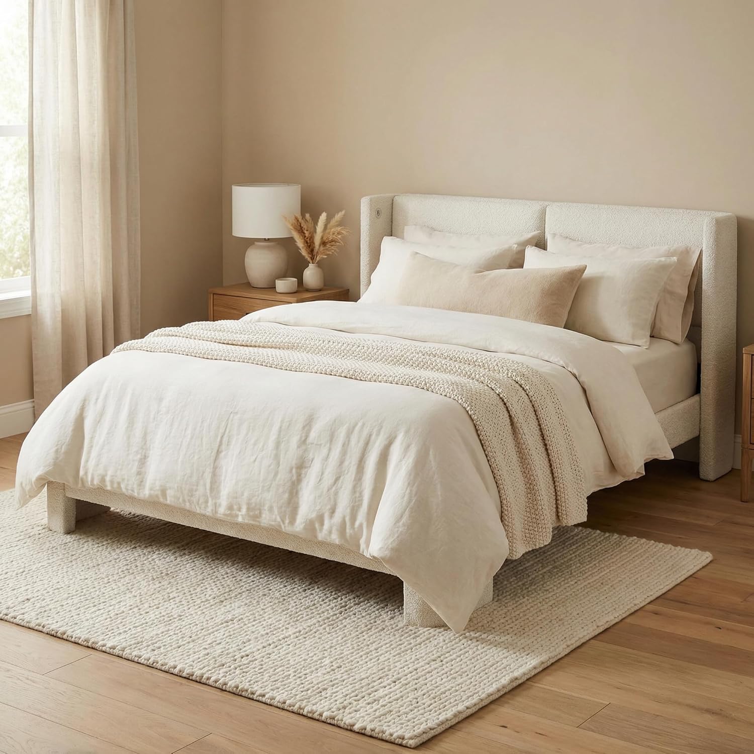 LIKIMIO Full Bed Frame with Headboard, with USB Ports, Cream White