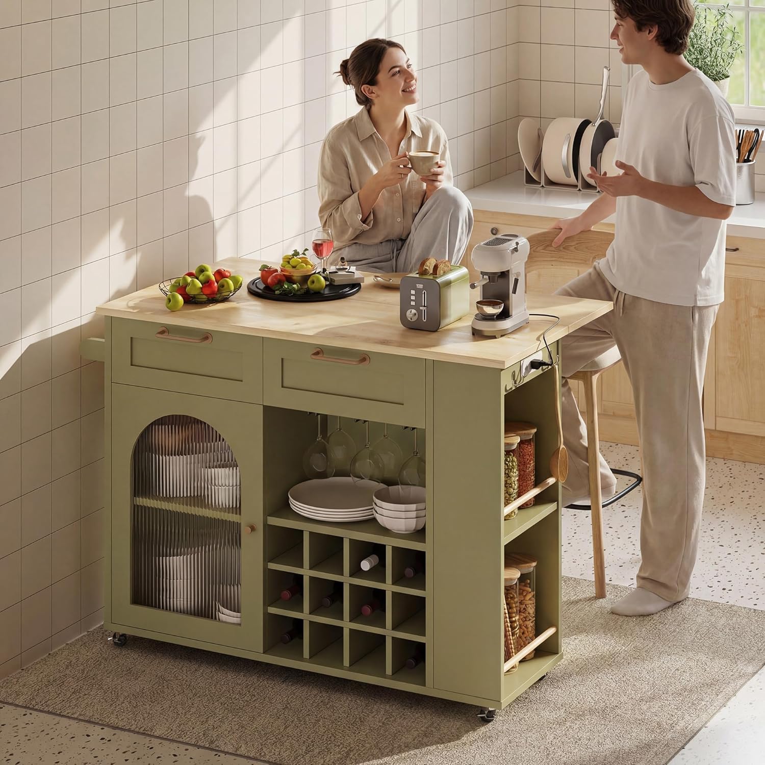 LIKIMIO Kitchen Island on Wheels with Power Outlet & Drop Leaf, Green