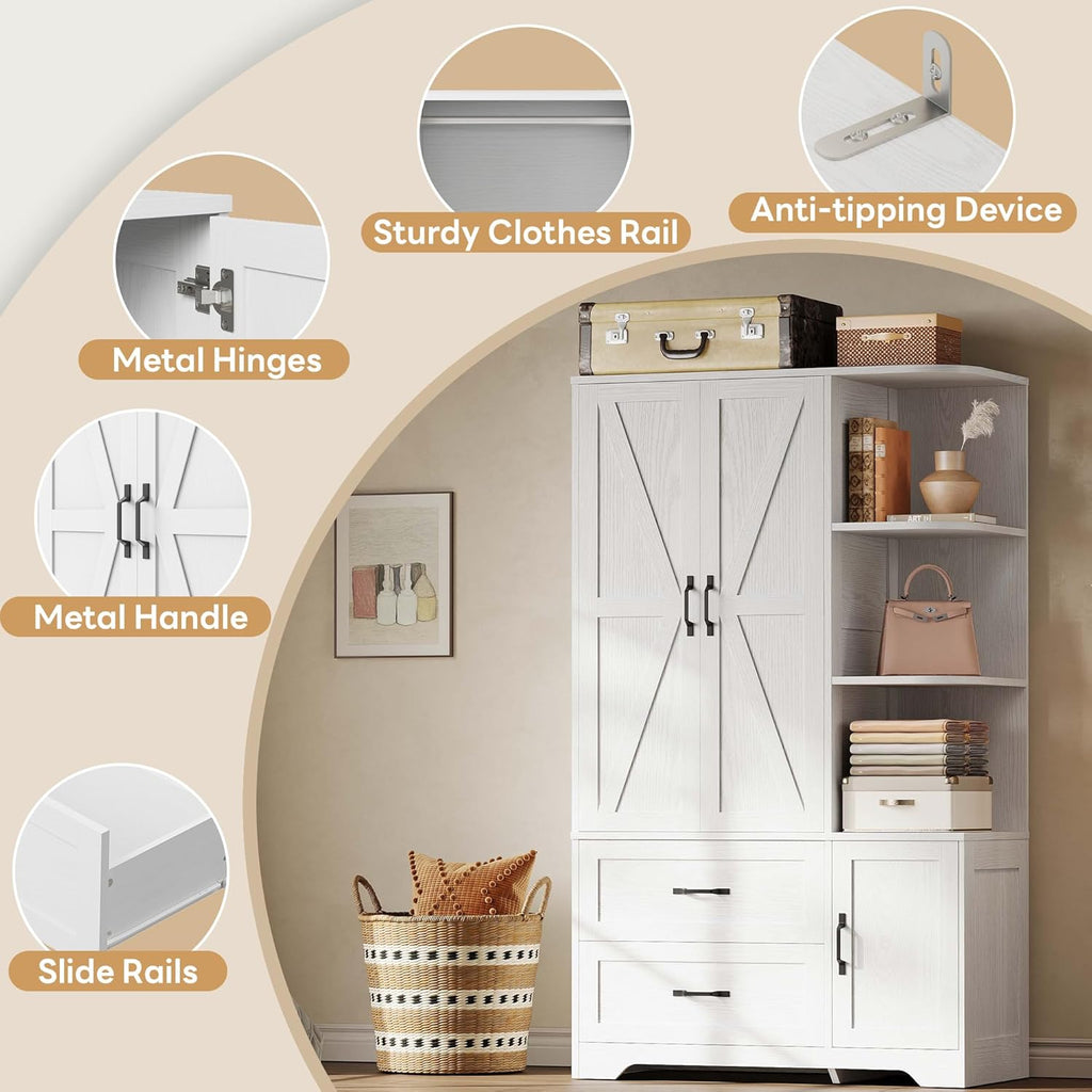 LIKIMIO Armoire Wooden 3 Door 2 Drawer Wardrobe（70"）