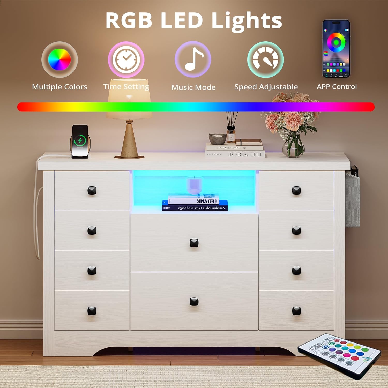 LIKIMIO Fabric Side Pocket & Wooden 10-Drawers Dresser