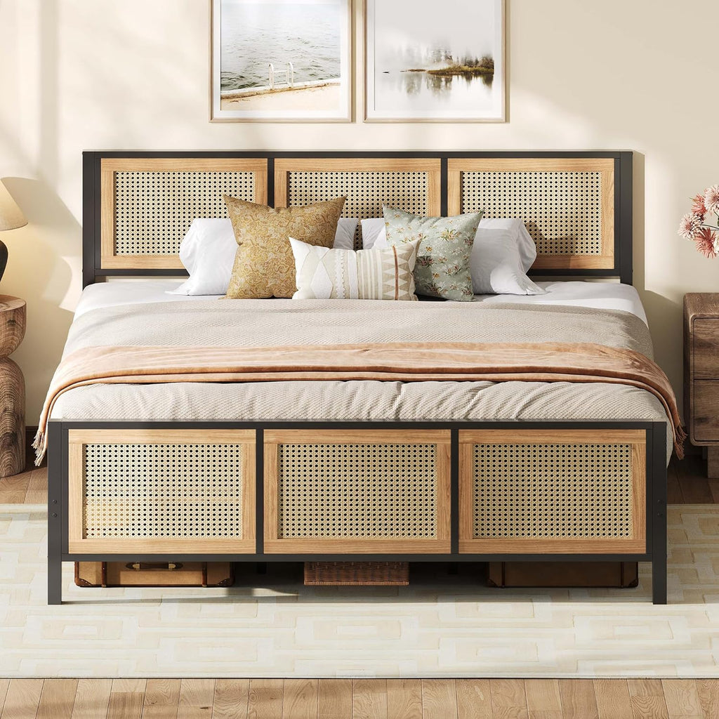 LIKIMIO Queen Bed Frame with Headboard, Wood Camas Queen with Strong Metal Slats Support
