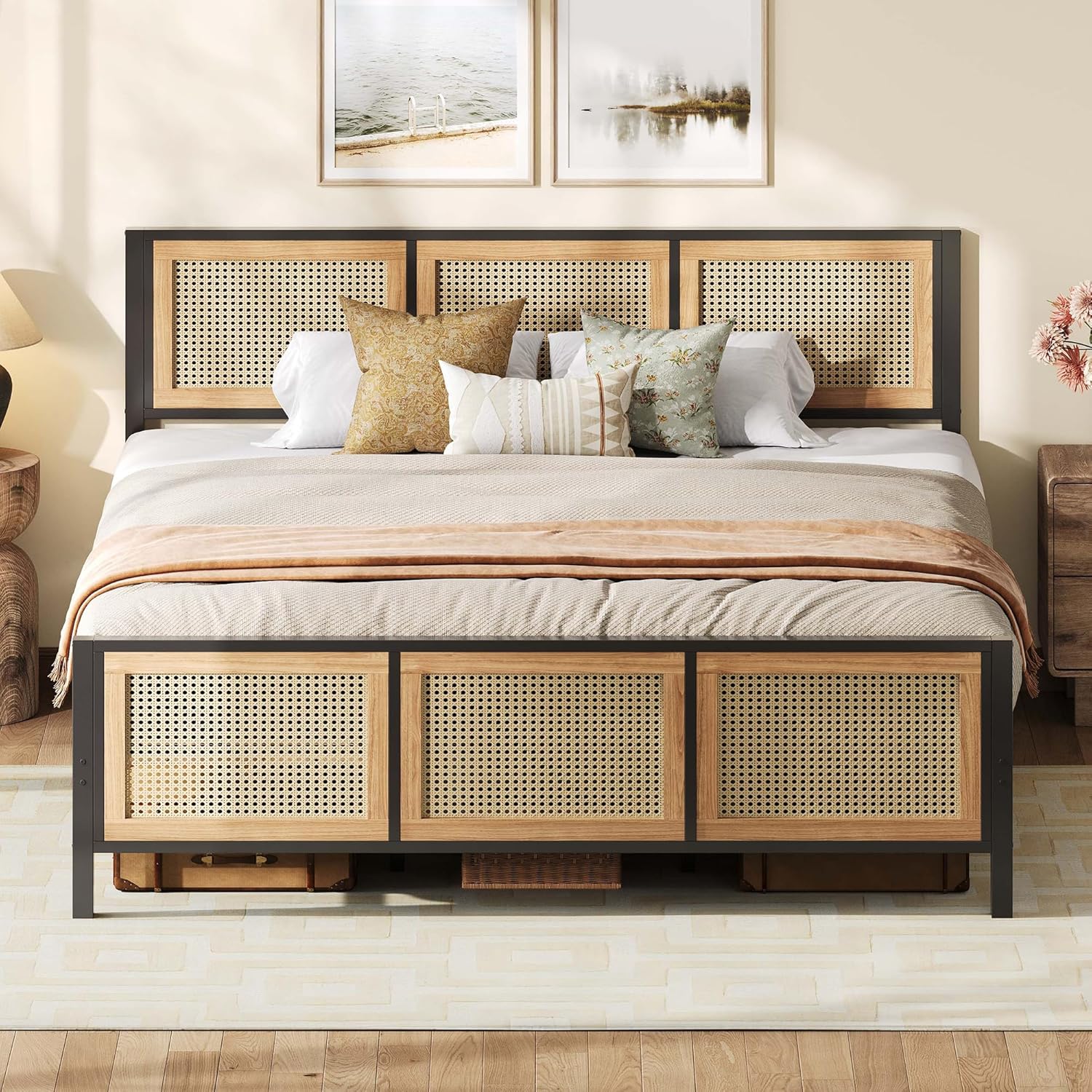 LIKIMIO Queen Bed Frame with Headboard, Wood Camas Queen with Strong Metal Slats Support