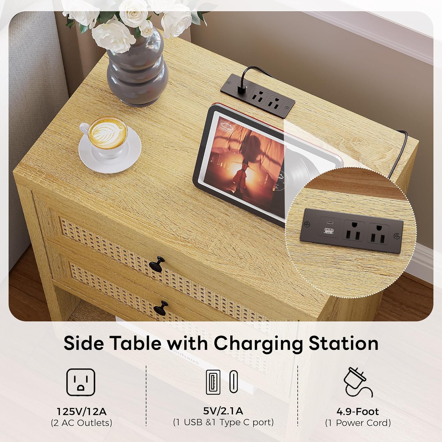 LIKIMIO Rattan Charging Nightstand Set