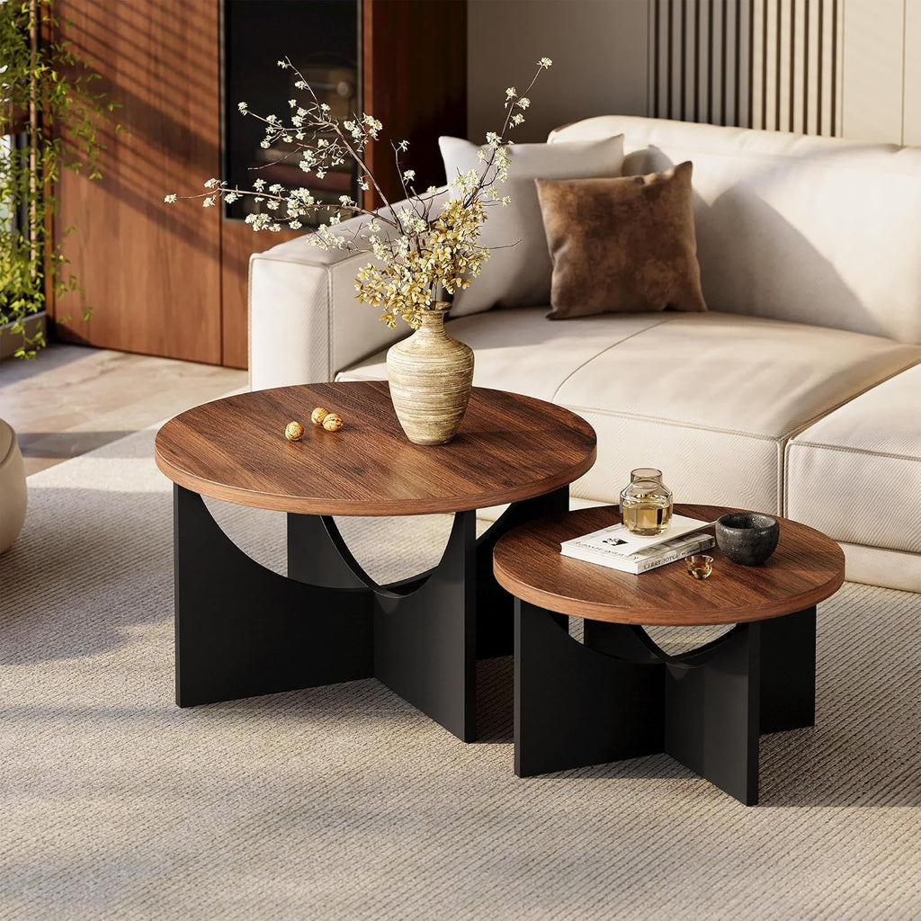 LIKIMIO 31.5" Nesting Round Side Coffee Tables Set of 2,  Walnut