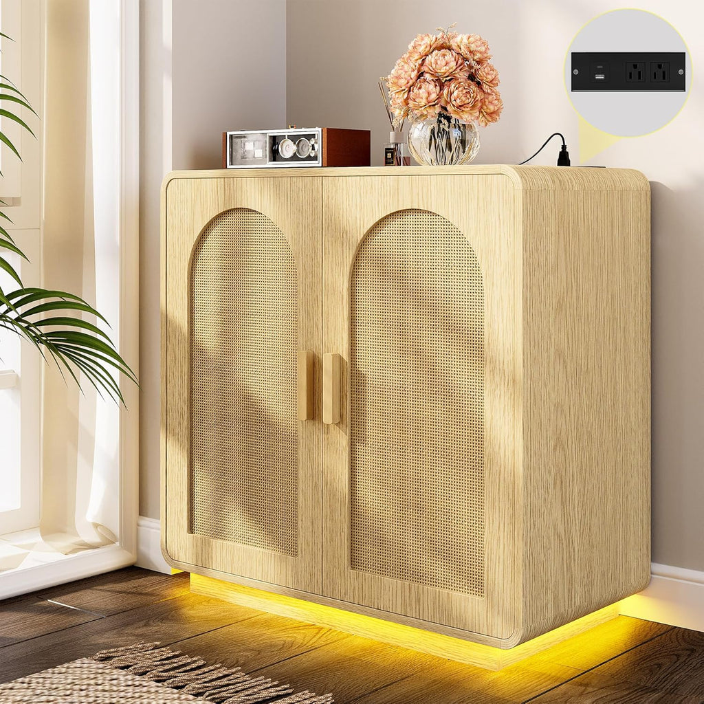 LIKIMIO Rattan Storage Cabinet with with 2 Doors and Adjustable Shelves for Kitchen, Natural