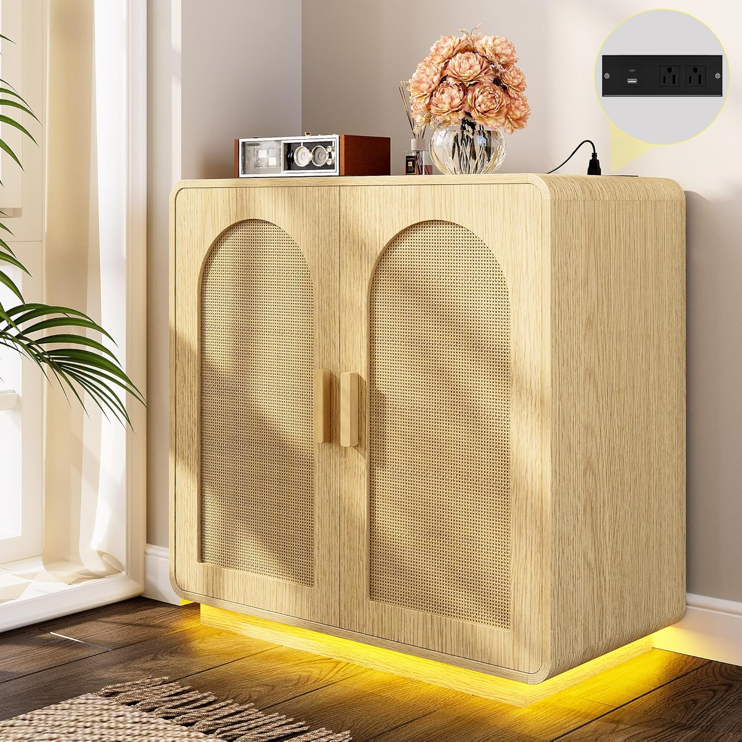 LIKIMIO Rattan Storage Cabinet with with 2 Doors and Adjustable Shelves for Kitchen, Black