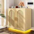 LIKIMIO Rattan Storage Cabinet with LED Lights & Power Outle, Natural