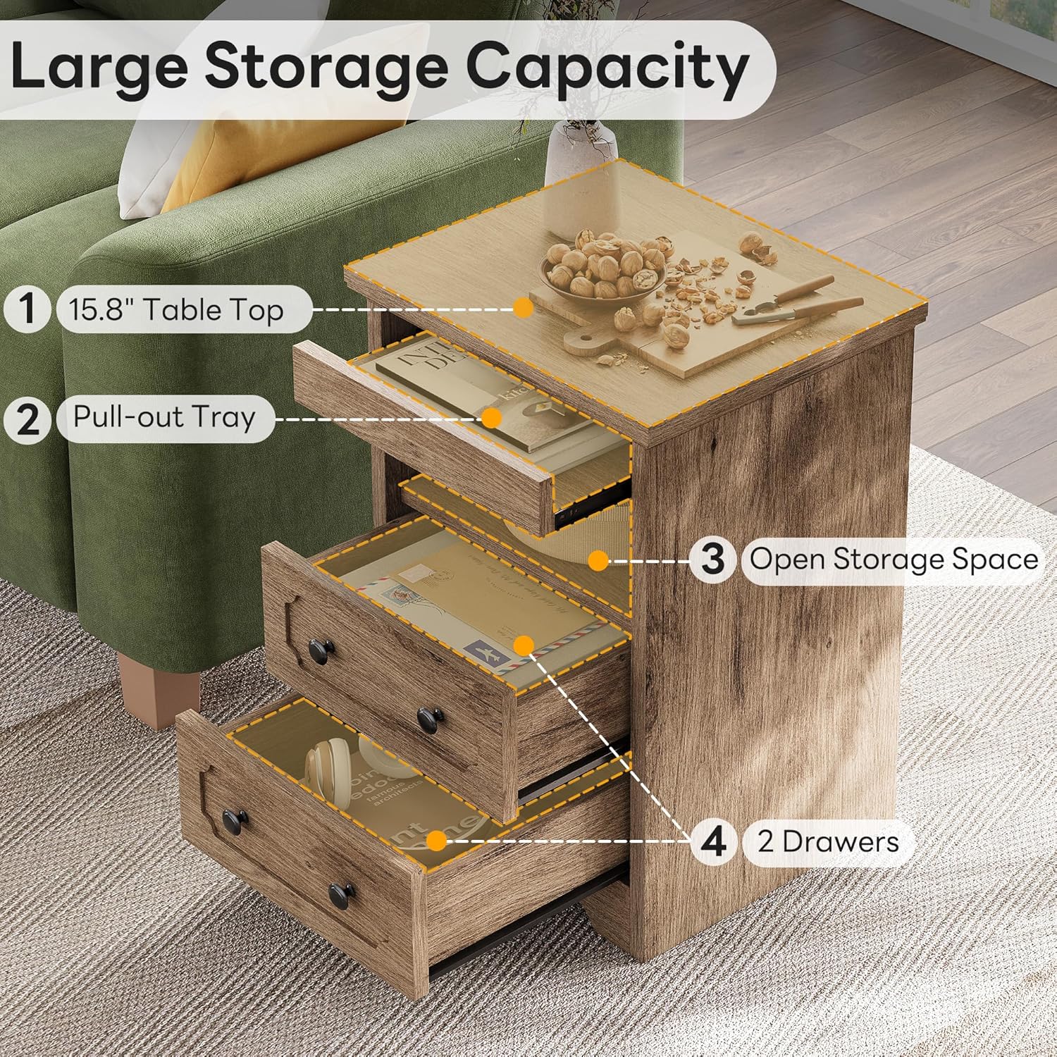 LIKIMIO Wooden Pull Out Tray Nightstand
