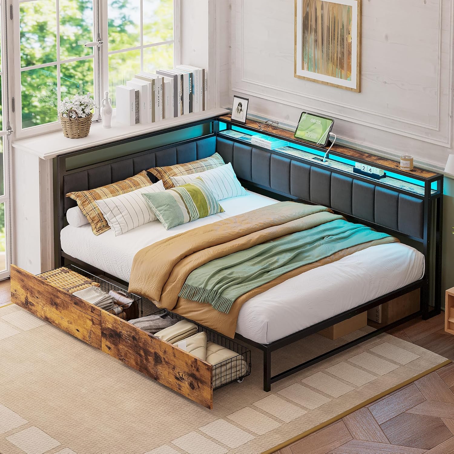 LIKIMIO Fabric Upholstered Fence Corner Bed