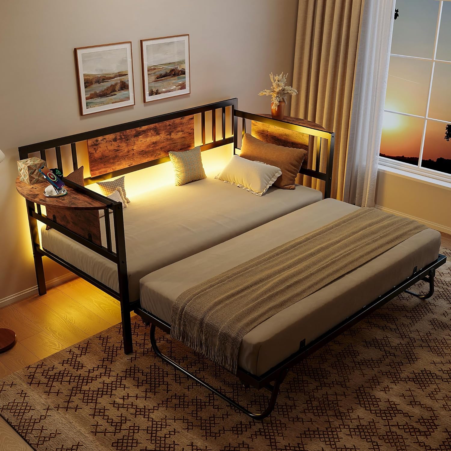 LIKIMIO Daybed with Trundle,  LED Lights and Charging Station, Black