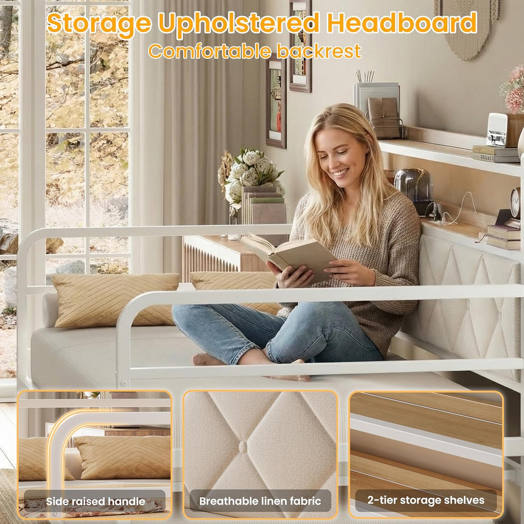 LIKIMIO Twin Daybed with Trundle,  LED Lights & Charging Station, White