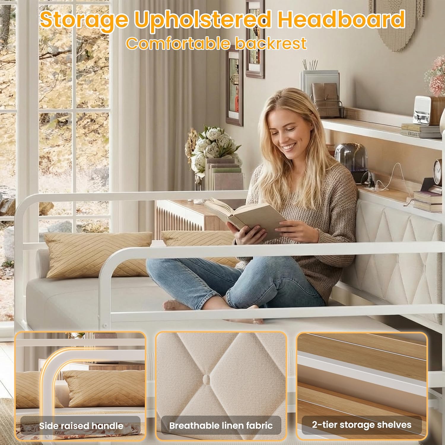 LIKIMIO Twin Daybed with Trundle,  LED Lights & Charging Station, White