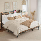 LIKIMIO King Bed Frames, with Charging Station, Wood and Cream