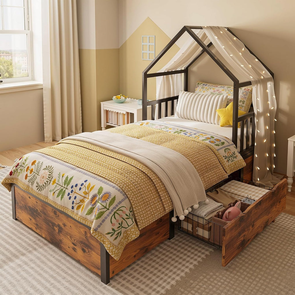 LIKIMIO Twin Bed Frame with 2 Storage Drawers, House Bed, Vintage Brown and Black