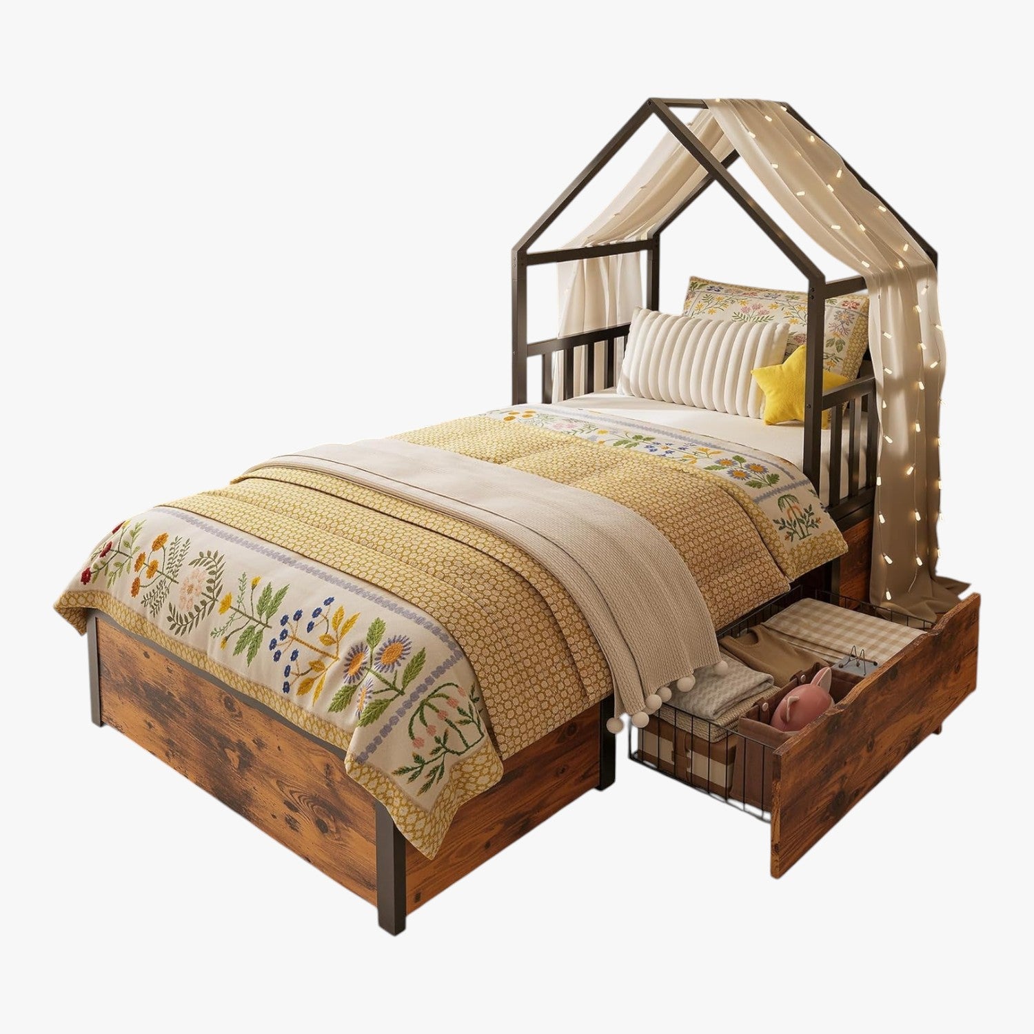 LIKIMIO Twin Bed Frame with 2 Storage Drawers, House Bed, Vintage Brown and Black