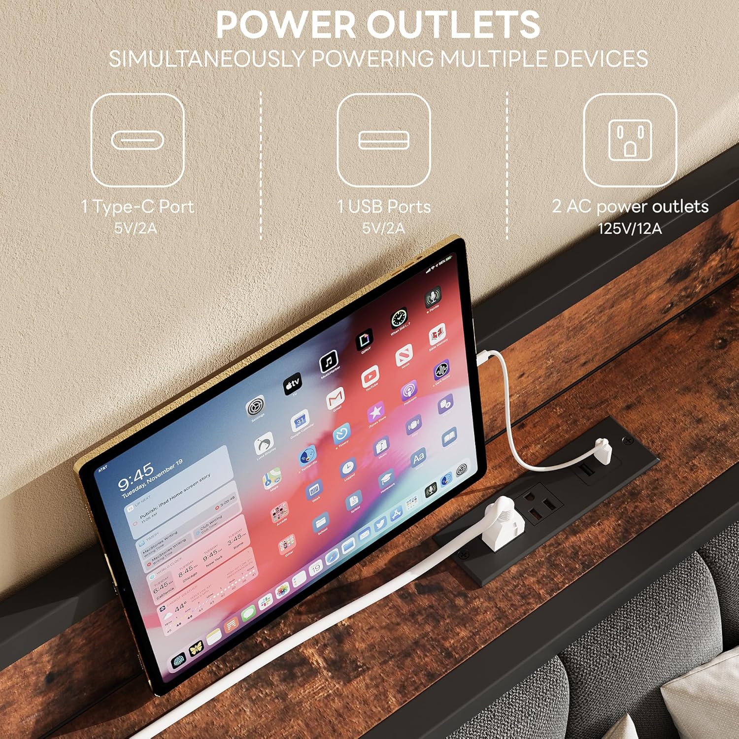 LIKIMIO Full Bed Frame, Storage Headboard with Charging Station