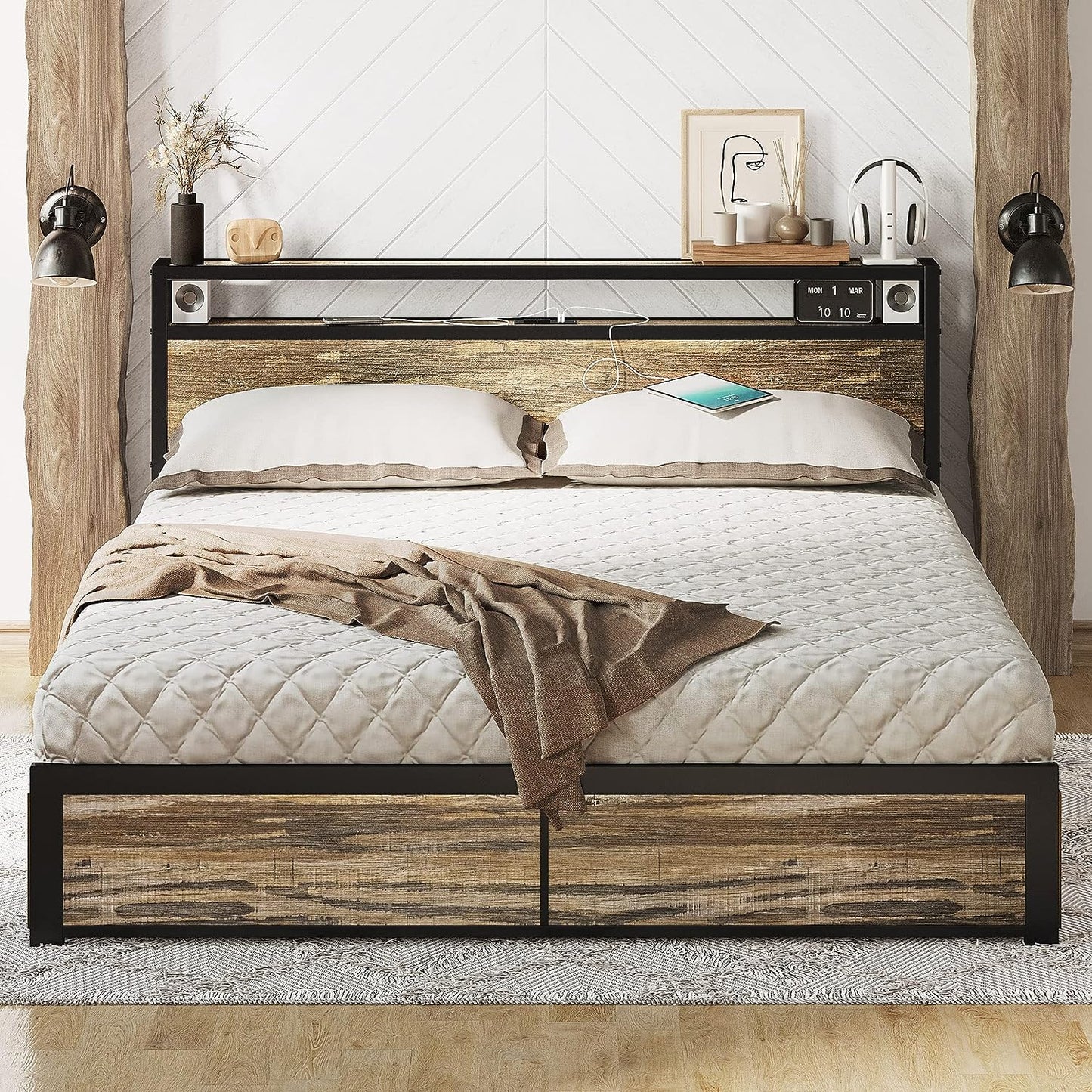 Rustic Brown Queen Bed Frame with 4 Drawers