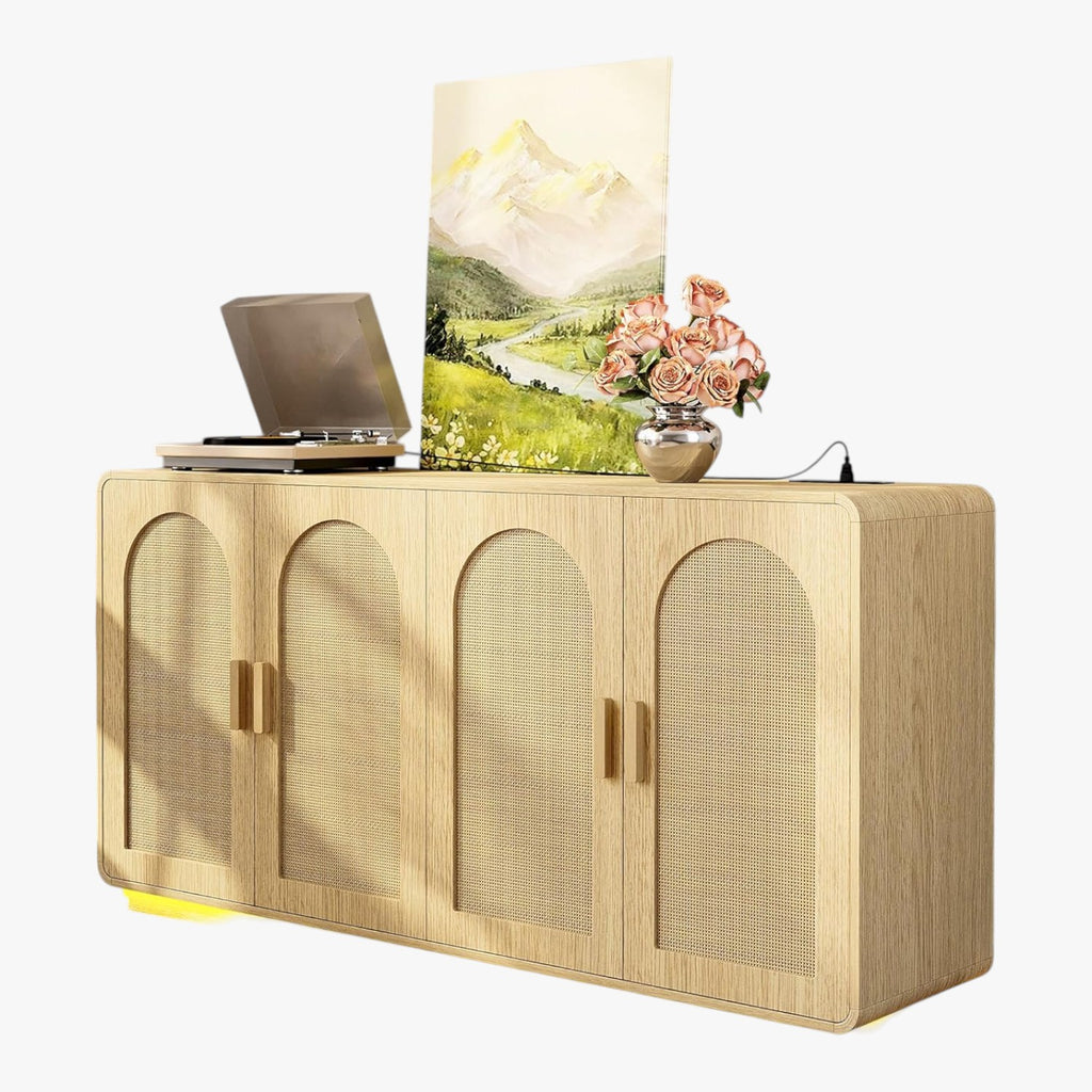 LIKIMIO Rattan Storage Cabinet with LED Lights & Power Outle, Natural