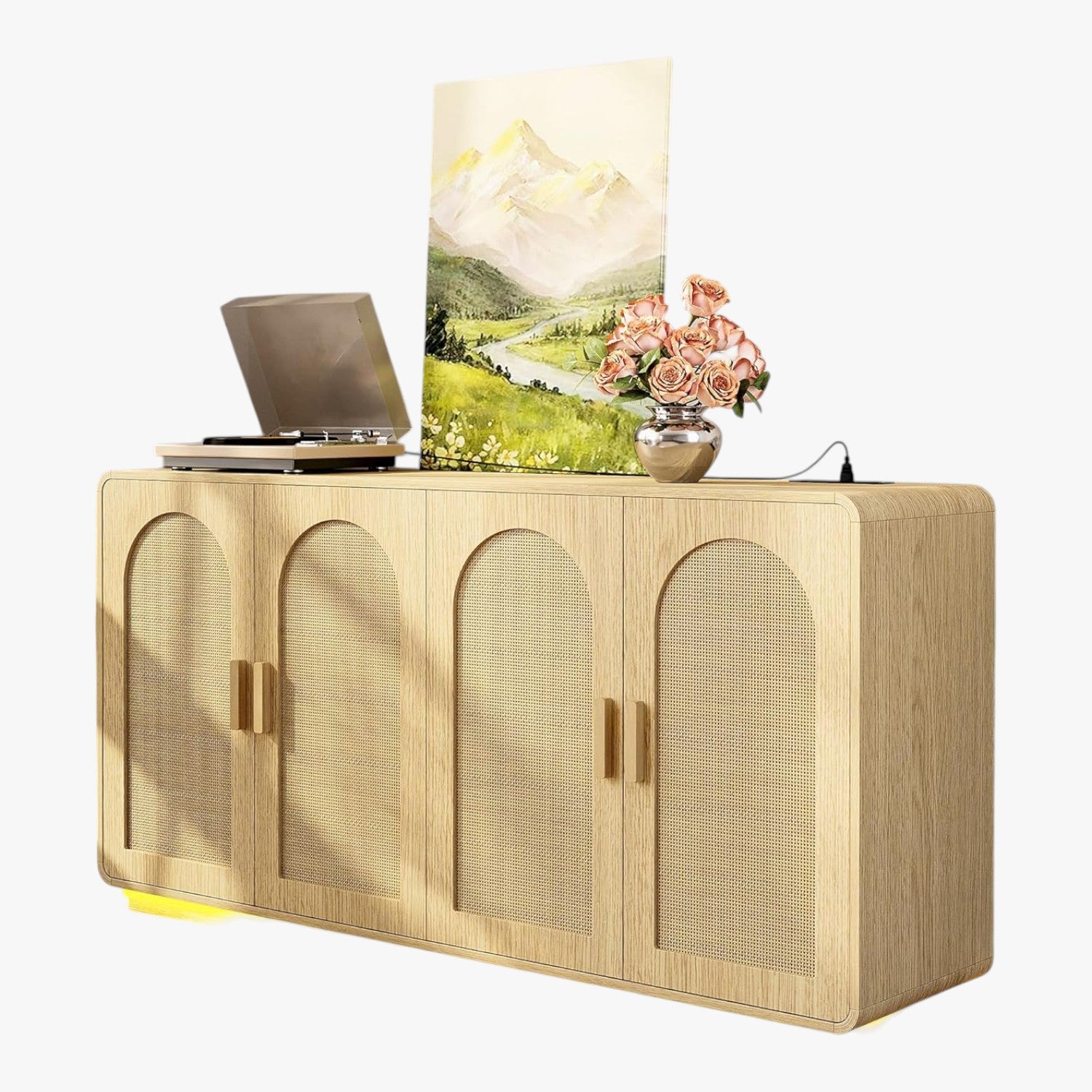 LIKIMIO Rattan Storage Cabinet with LED Lights & Power Outle, Natural