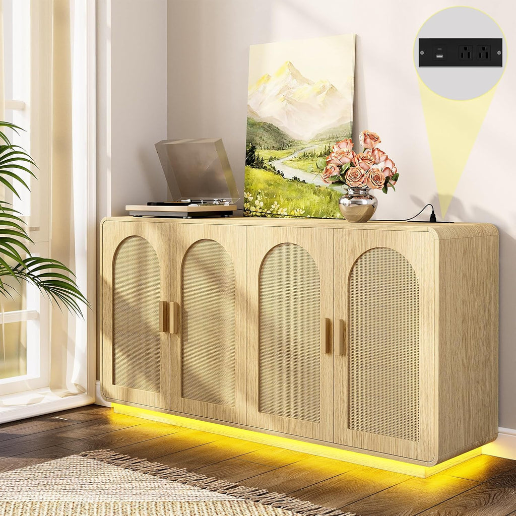 LIKIMIO Rattan Storage Cabinet with with 2 Doors and Adjustable Shelves for Kitchen, Natural