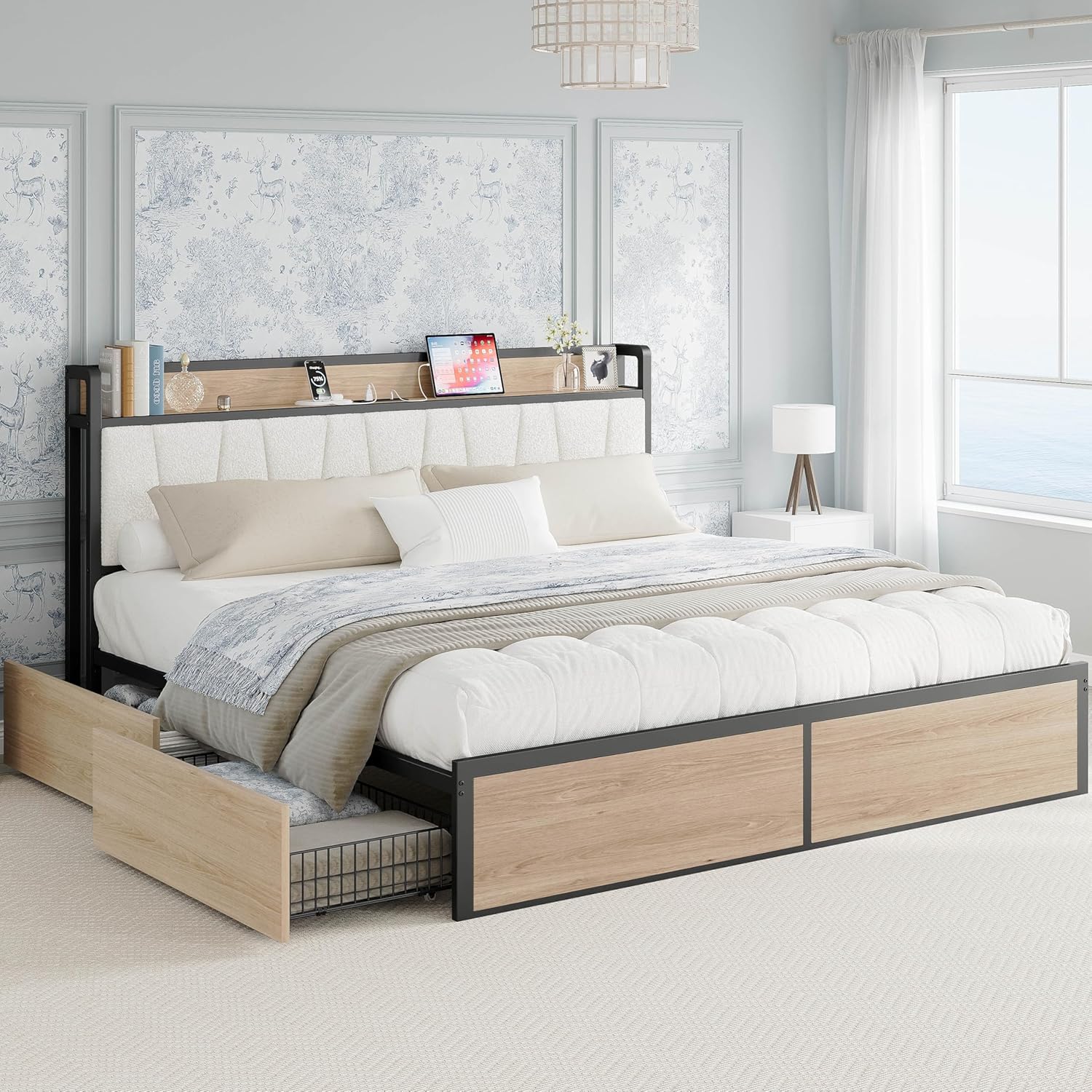 LIKIMIO California King Bed Frame with 4 Storage Drawers, Platform Bed with Charged Headboard