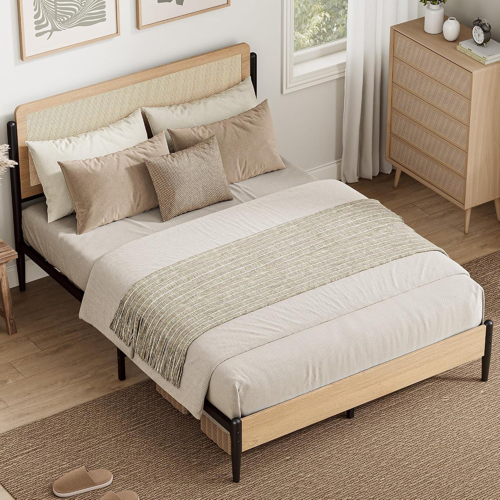 LIKIMIO Natural Rattan Full Size Bed Frame with Wooden Headboard | Boho Metal Platform Bed Frame Full Size with Metal Slats Surpport, Under Bed Storage, No Box Spring Needed, for Bedroom