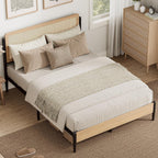 LIKIMIO Natural Rattan Full Size Bed Frame with Wooden Headboard | Boho Metal Platform Bed Frame Full Size with Metal Slats Surpport, Under Bed Storage, No Box Spring Needed, for Bedroom