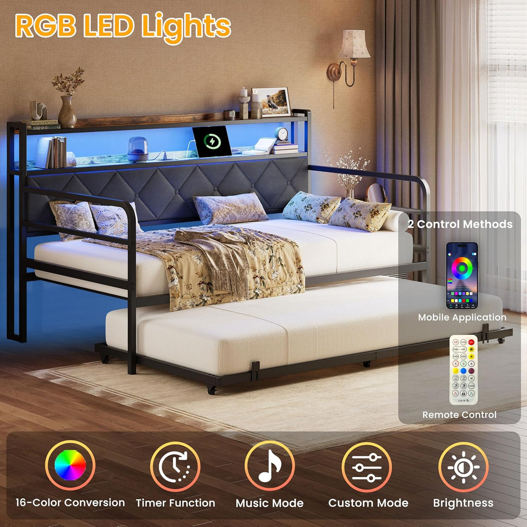 LIKIMIO Twin Daybed with Trundle, 700lbs Capacity, LED Lights & Charging Station, Black