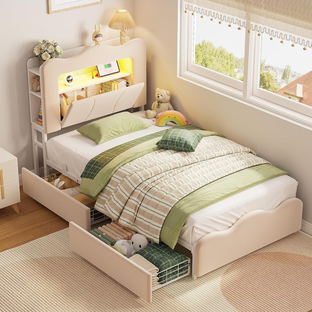 LIKIMIO Velvet Bed Frame (Bookshelf Headboard & Storage & LED)