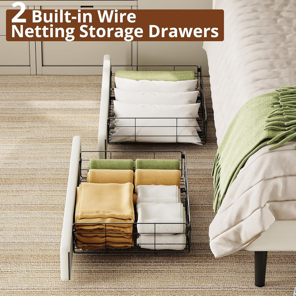 LIKIMIO Twin Daybed with Headboard, Corner Bed Frame with Bed Rails and Storage Drawers, Solid Support, for Bedroom Guest Room, Cream