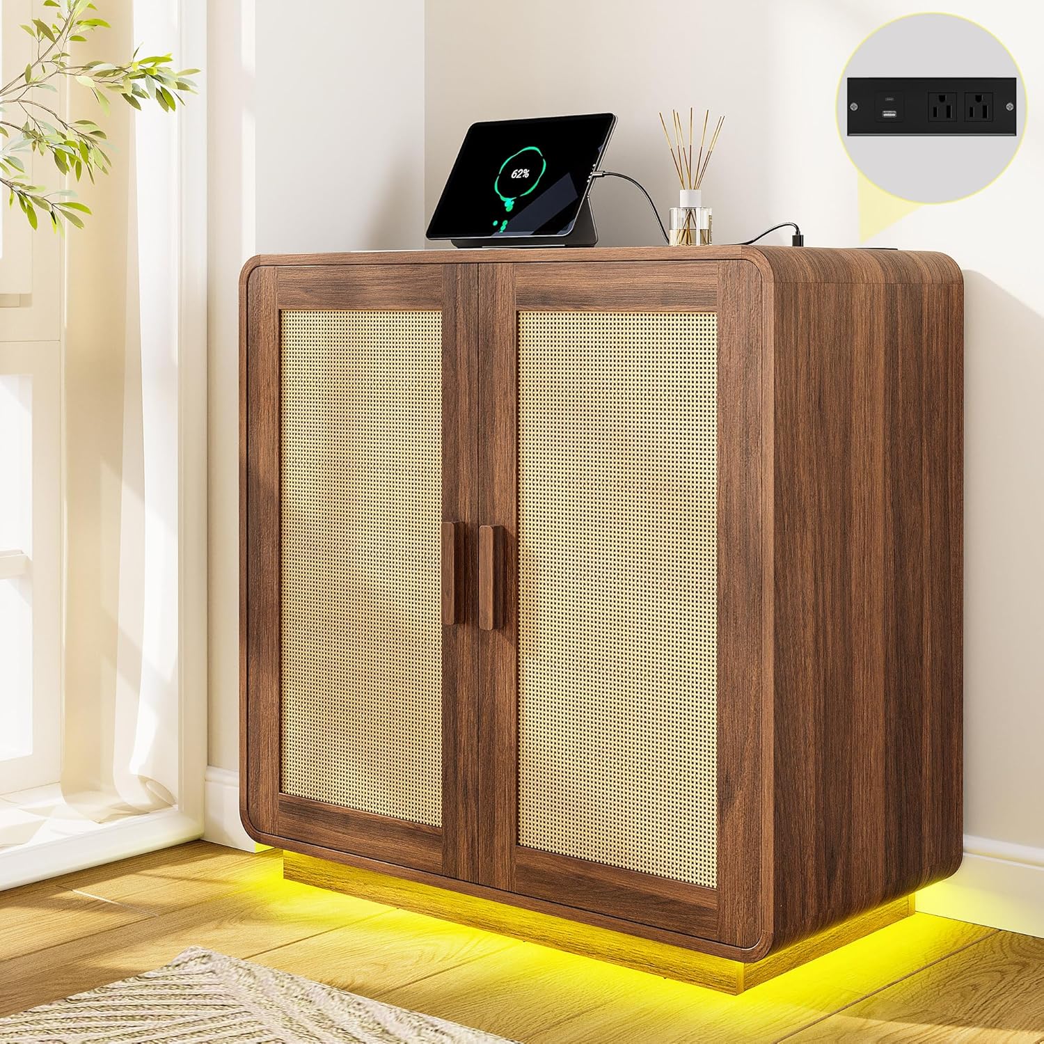 LIKIMIO Rattan Cabinet with LED Lights & Power Outlet, Black