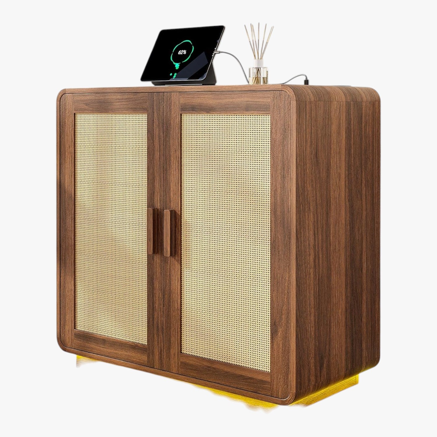 LIKIMIO Rattan Cabinet with LED Lights & Power Outlet, Vintage Brown