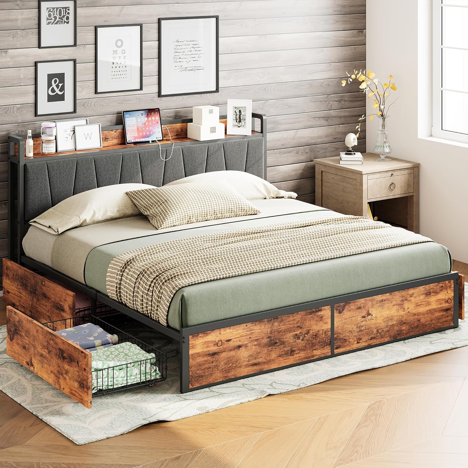 LIKIMIO California King Bed Frame with 4 Storage Drawers, Platform Bed with Charged Headboard