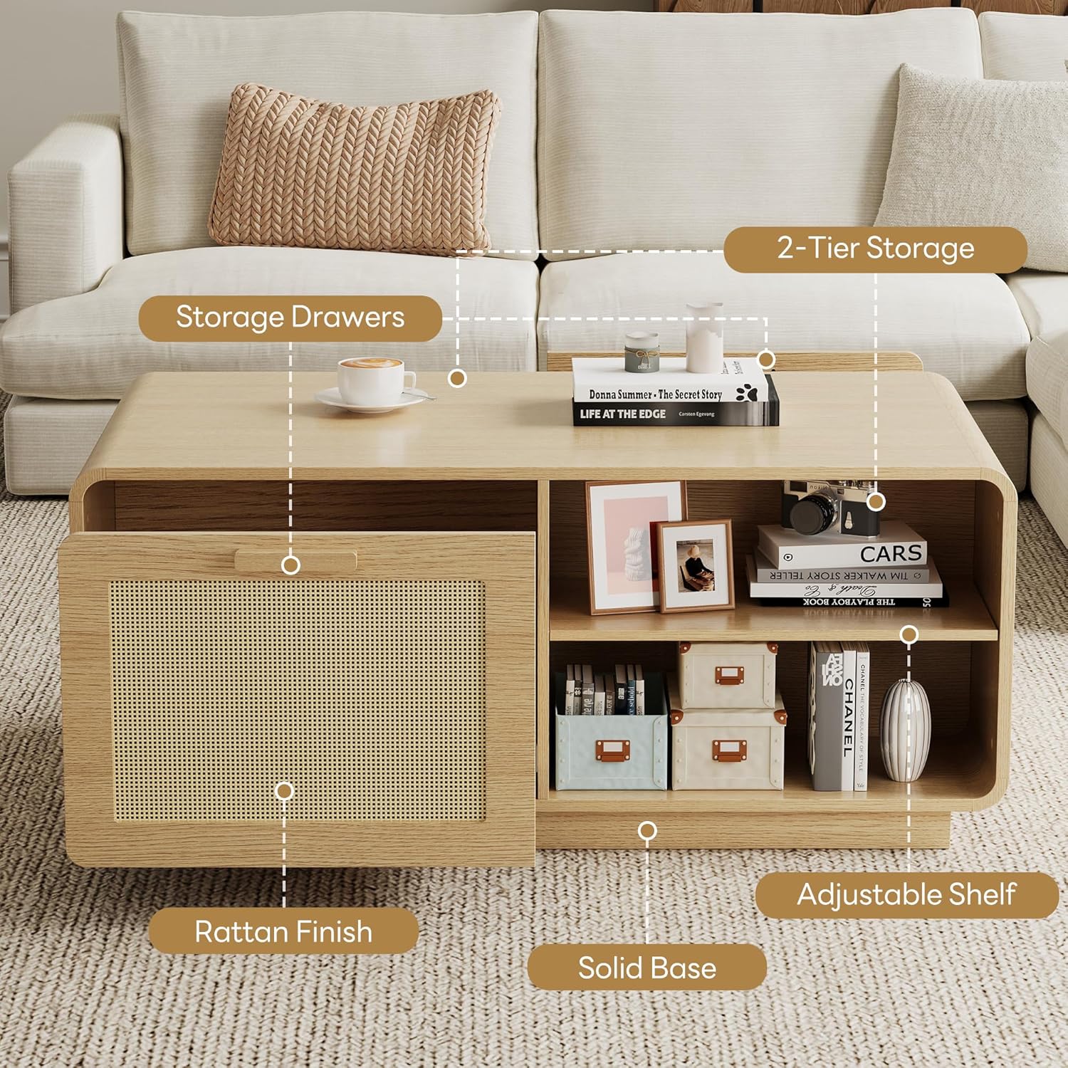 LIKIMIO 39.4" Rattan Coffee Table with Storage Drawers, Natural