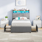 LIKIMIO Twin Bed Frame with Charging Station & LED Lights, Grey