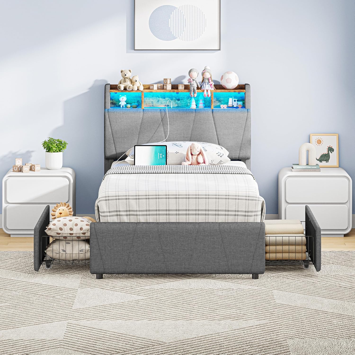 LIKIMIO Twin Bed Frame with Charging Station & LED Lights, Grey