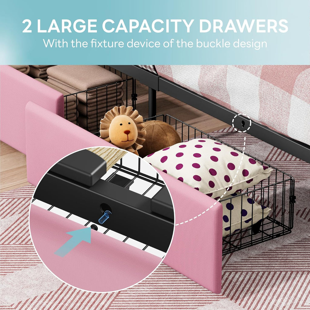 LIKIMIO Twin Bed Frame with Charging Station & LED Lights, Pink