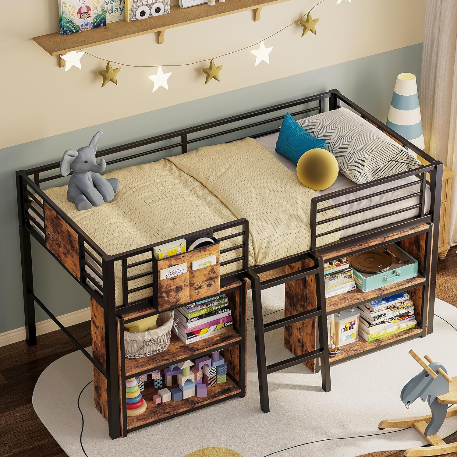 LIKIMIO Low Loft Bed with 2 Storage Vabinets