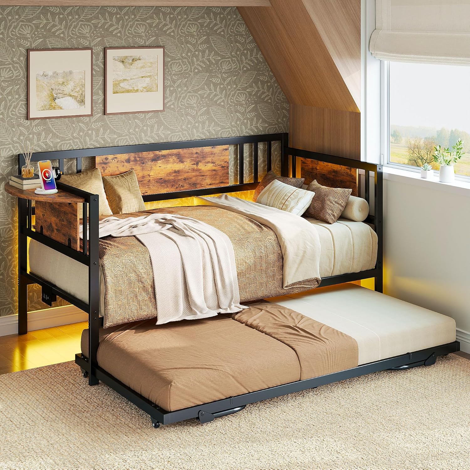 LIKIMIO Daybed with Trundle,  LED Lights and Charging Station, Black