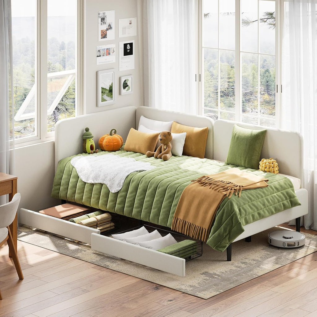 LIKIMIO Twin Daybed with Headboard, Corner Bed Frame with Bed Rails and Storage Drawers, Solid Support, for Bedroom Guest Room, Cream