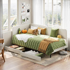 LIKIMIO Twin Daybed with Headboard, Corner Bed Frame with Bed Rails and Storage Drawers, Solid Support, for Bedroom Guest Room, Cream