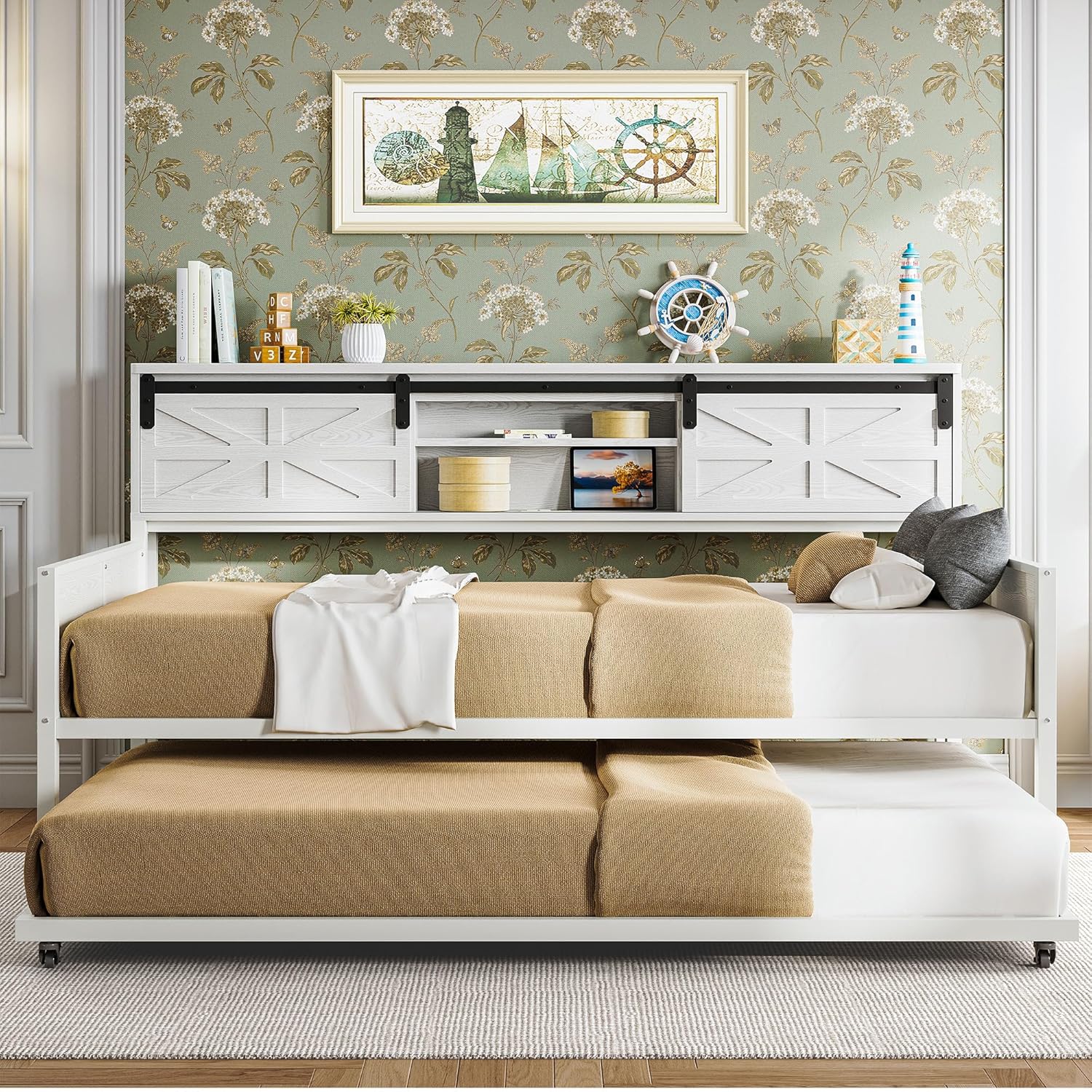 LIKIMIO Farmhouse Trundle Sofa Bed