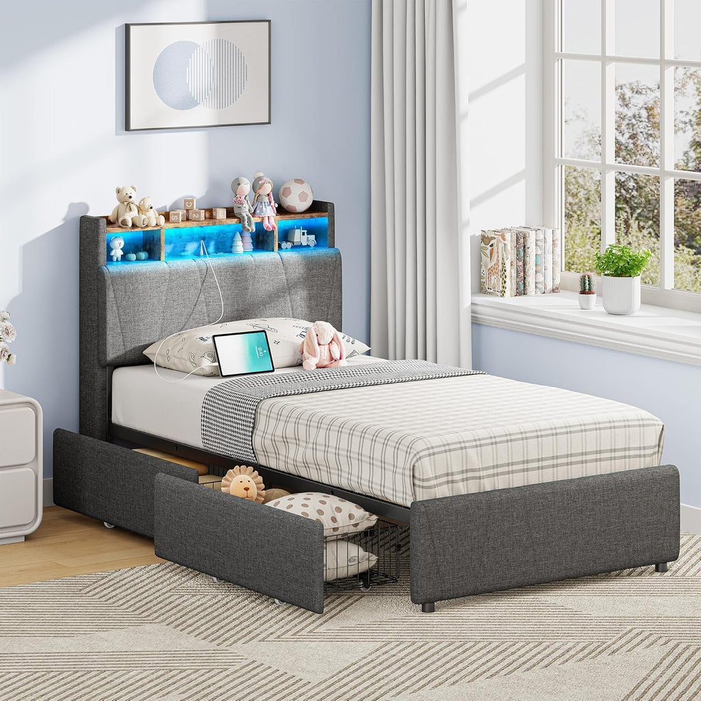 LIKIMIO Twin Bed Frame with Charging Station & LED Lights, Grey