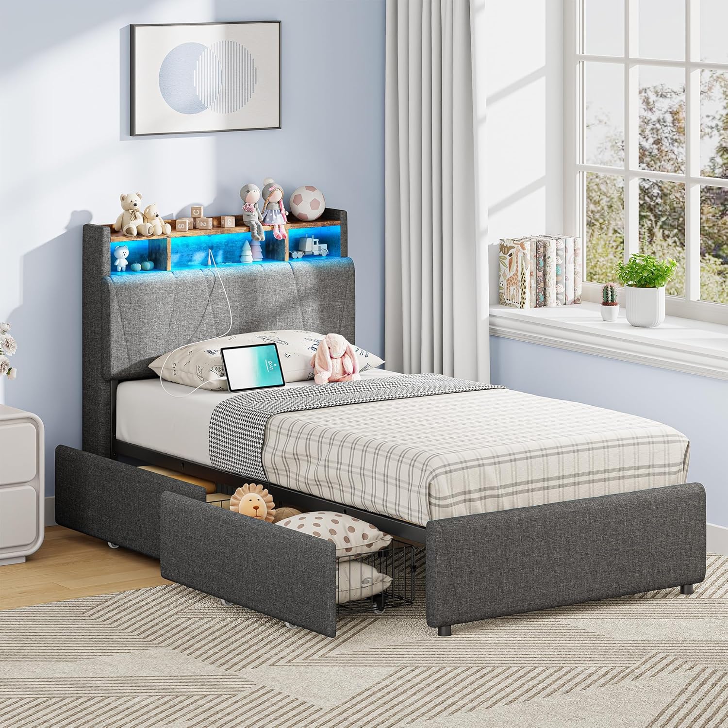LIKIMIO Twin Bed Frame with Charging Station & LED Lights, Grey