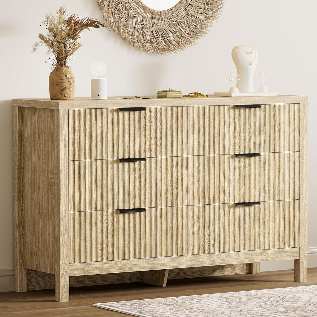 ribbed wood dresser Aupodin Natural Oak Wood 5 Drawer Dresser, 31.6 in. W Chest of Drawers with Metal Handles for Bedroom, Living Room, Hallway