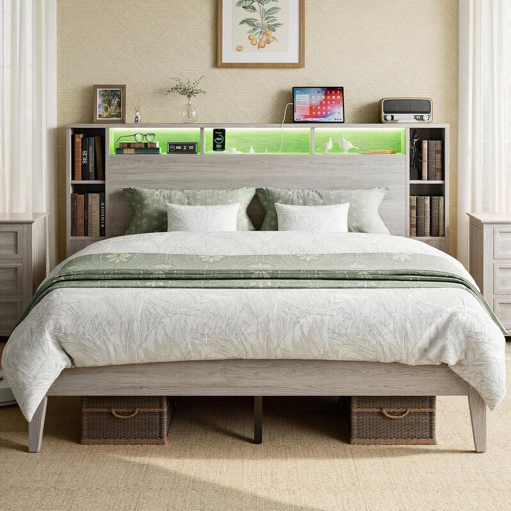 LIKIMIO Queen Size Bed Frame with Storage,  with LED Lights, Light Gray Oak