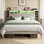 LIKIMIO Queen Size Bed Frame with Storage,  with LED Lights, Light Gray Oak