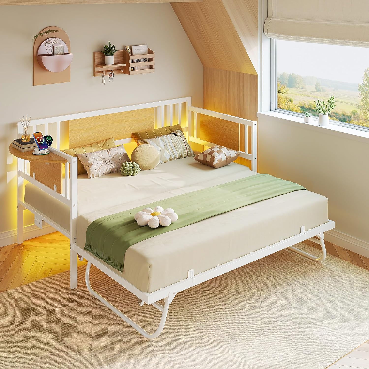 LIKIMIO Daybed with Trundle,  LED Lights and Charging Station, Black