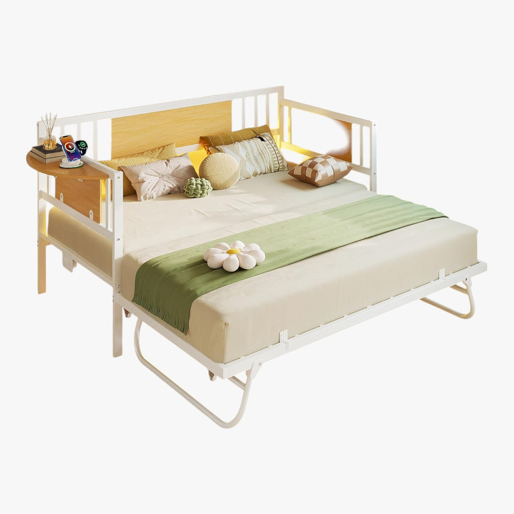 LIKIMIO Daybed with Trundle,  LED Lights and Charging Station,  White