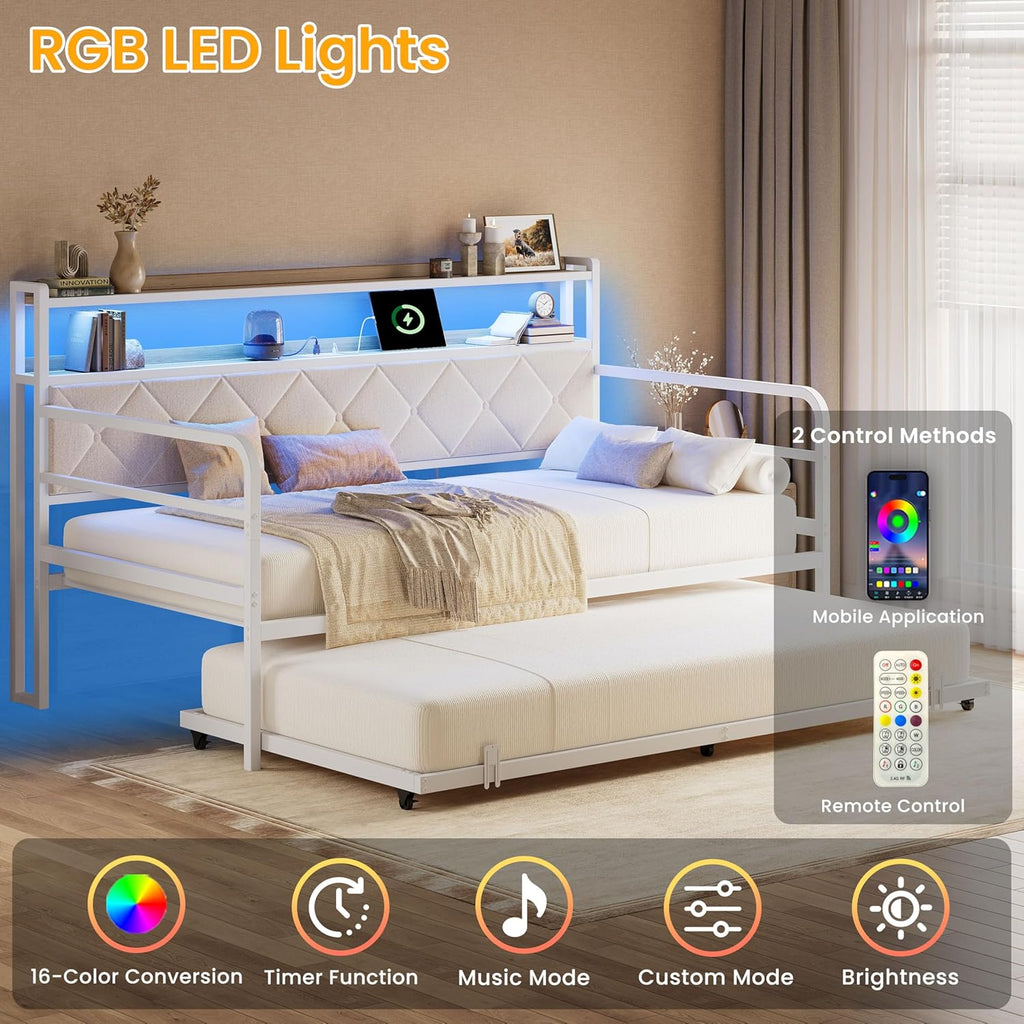 LIKIMIO Twin Daybed with Trundle,  LED Lights & Charging Station, White